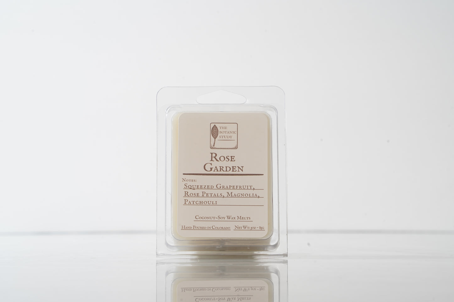 Rose Garden wax melt packaging on a white background