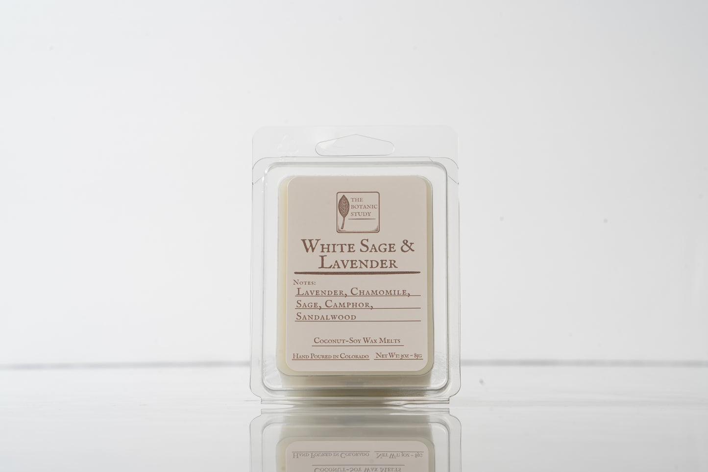 White Sage & Lavender wax melt packaging on a white background