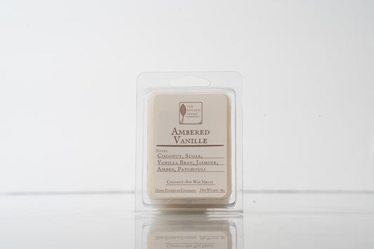 Ambered Vanille wax melt packaging on a white background