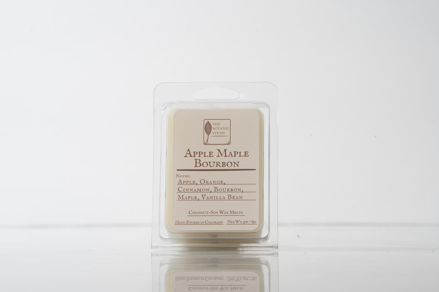 Apple Maple Bourbon wax melt packaging on a white background