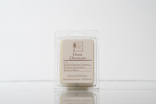 Wax melt package labeled 'Dark Orchard' on a white background