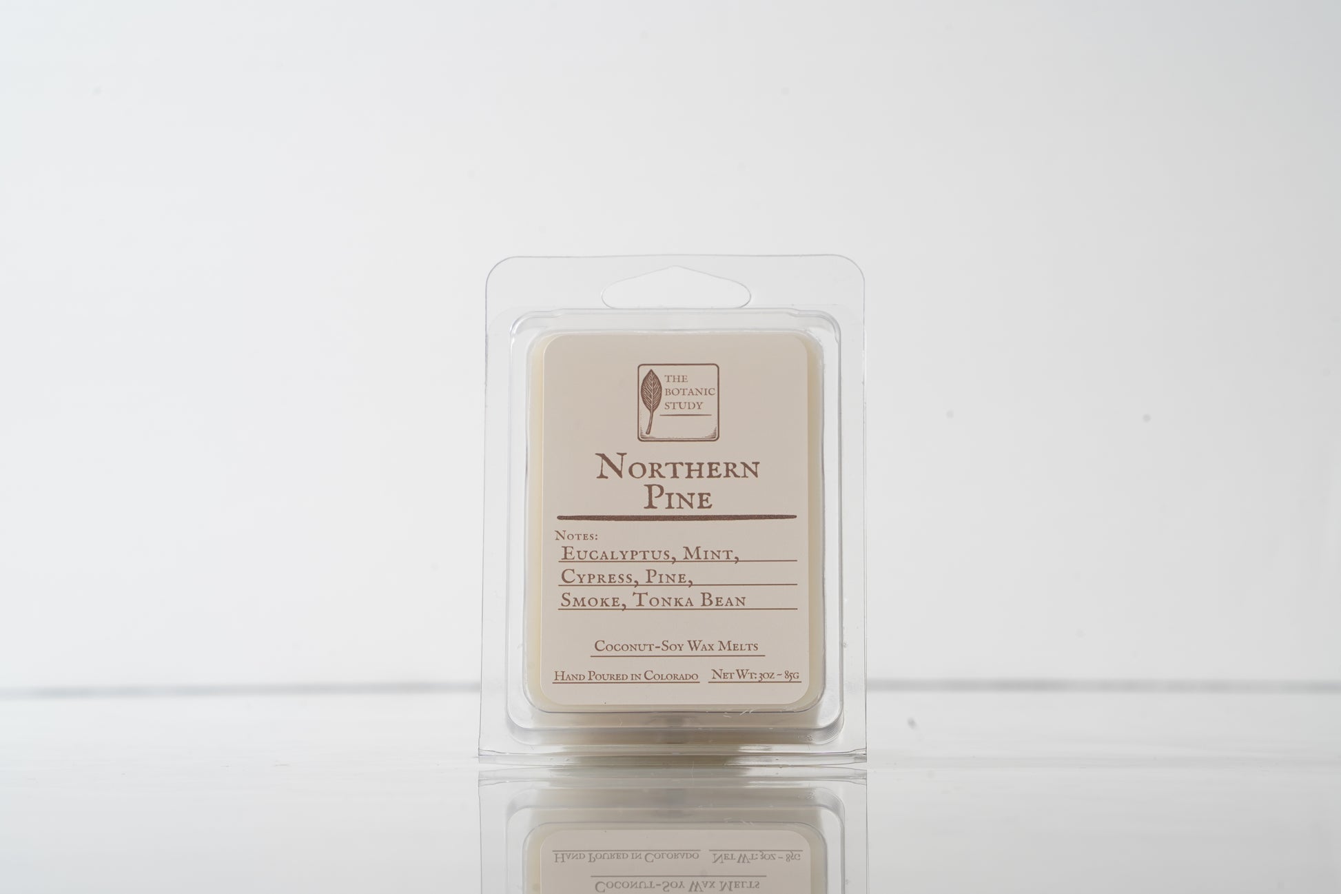 Wax melt packaging labeled 'Northern Pine' on a white background