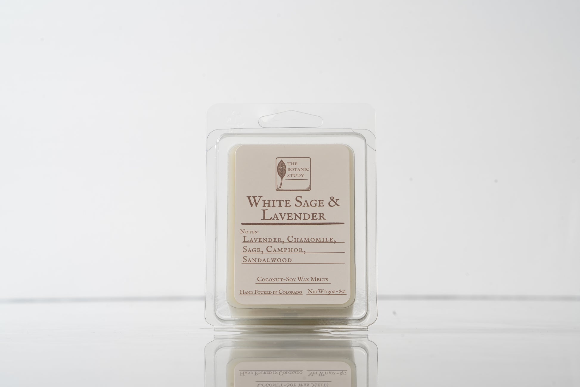 White Sage & Lavender wax melt packaging on a white background